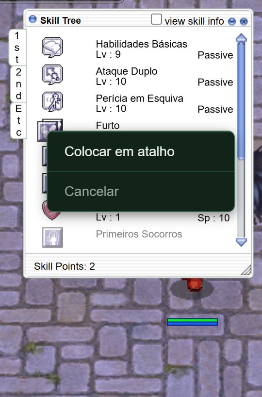 O menu Colocar em atalho aberto sobre a lista de skills