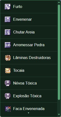 A lista de magias aberta sobre a tela do jogo, com a barra de rolagem verde à direita