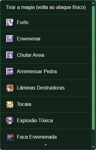 A lista com a opção de tirar a magia na primeira linha