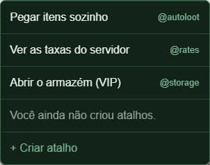 A lista de atalhos de comando aberta, com os atalhos prontos e a linha de criar atalho