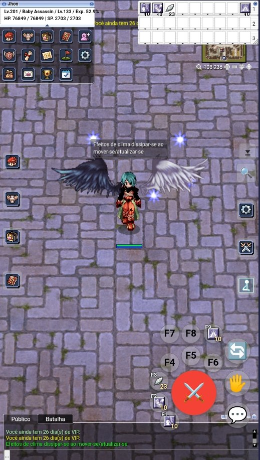 A tela do jogo no celular, com os controles de toque