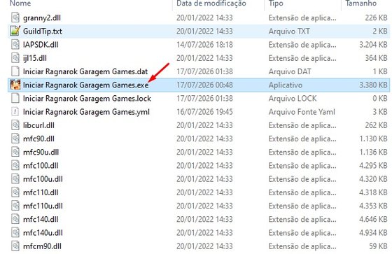 Pasta do jogo com o Iniciar Ragnarok Garagem Games.exe destacado
