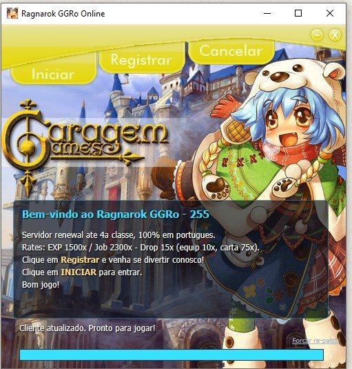 Janela do patcher do Garagem Games com a barra de progresso